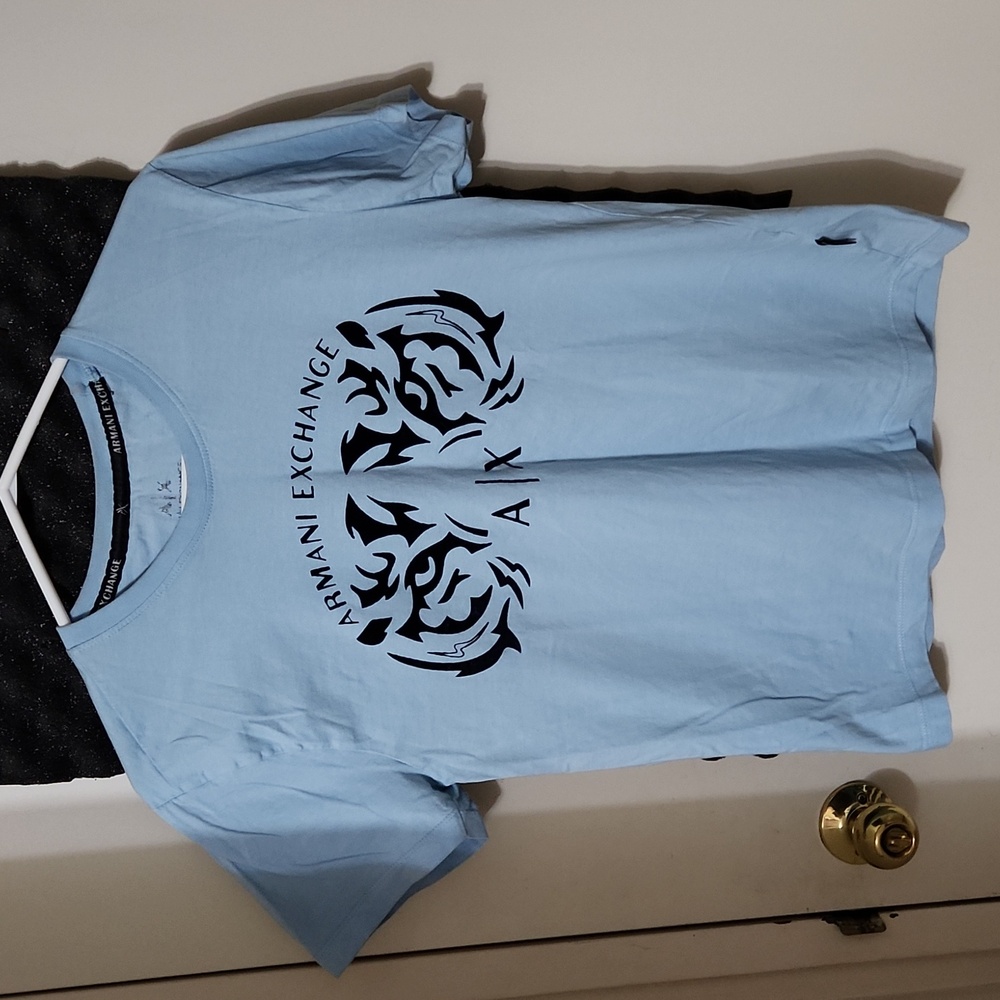 Armani Exchange Baby Blue Spell Out Tiger Eyes Graphic Crewneck T-Shirt
